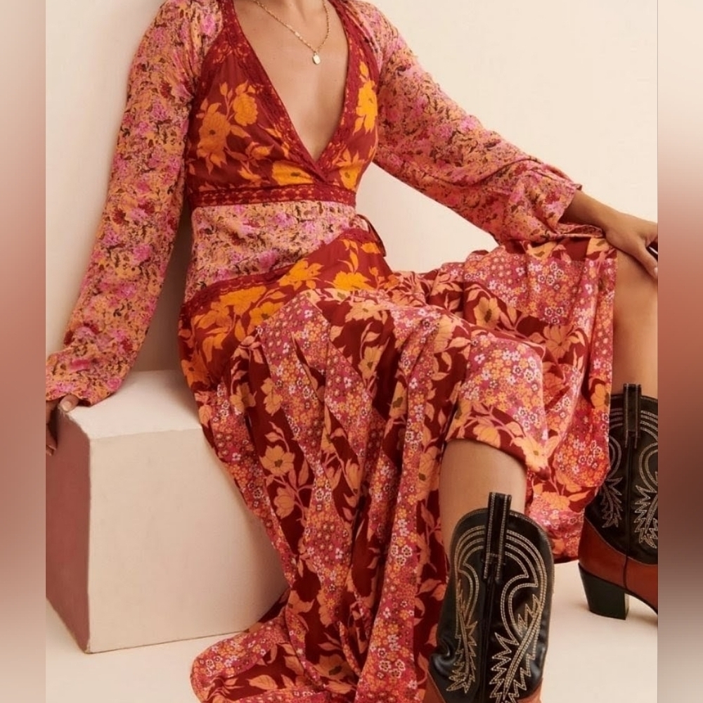 Free PeopleTilda 💐 Floral Maxi 💯 % Cotton Pink, Burgandy/Red & Orange In Med - Picture 3 of 8